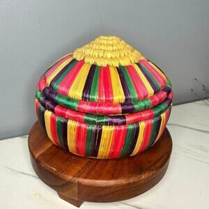 Handwoven Artisan Lidded Basket – Colorful Fiber Statement Storage